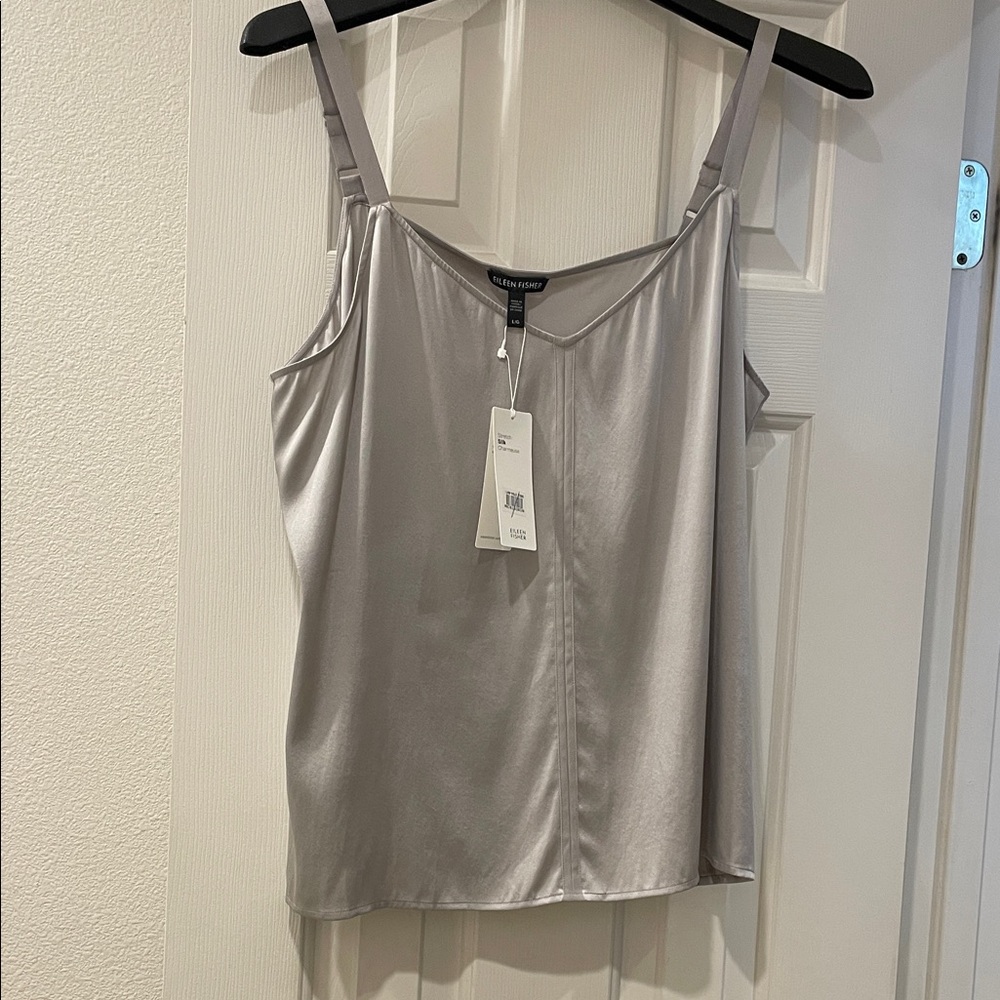 Eileen Fisher Stretch Silk Charmeuse Gray Silk Camisole Women's Top Large NWT